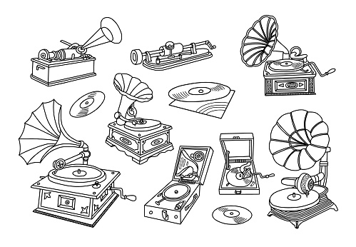Gramophone Retro Music. Vector illustration. Doodle set.