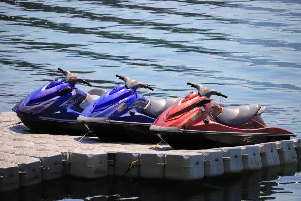 Jet Ski for rent on the plastic pontoon on the sea