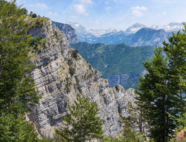 Landscape view on the rocky mountain range with small glaciers on the top