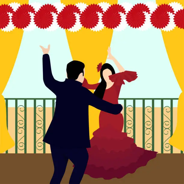 Vector illustration of Vector illustration of an Andalusian couple dancing sevillanas in a booth at the April fair. Seville fair, Andalusia, Spain