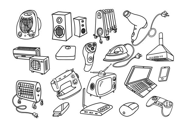 illustrazioni stock, clip art, cartoni animati e icone di tendenza di set di doodle per elettrodomestici ed elettronica - rasoio elettrico