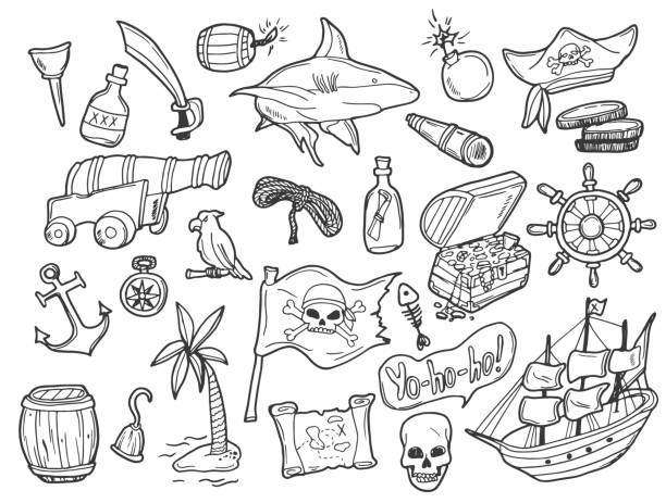 Pirates themed freehand drawings set. Symbols of piracy - hat, swords, guns, treasure chest, ship, black flag, jolly roger emblem, skull and crossbones, compass, costume elements. Pirates themed freehand drawings set. Symbols of piracy - hat, swords, guns, treasure chest, ship, black flag hook of holland stock illustrations