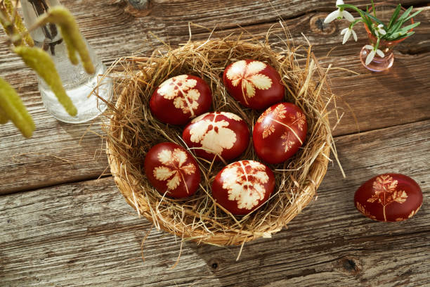 istock Easter eggs dyed with onion peels with spring flowers 1389011536