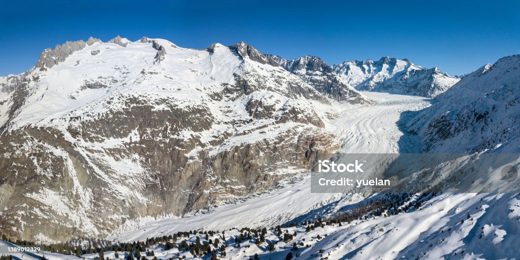 Aerial panorama of Great Aletsch Glacier in Alps Aerial panorama of Great Aletsch Glacier in Alps winter season, covered with deep snow, Switzerland, which is a unesco heritage (stitched large file) Adventure Stock Photo