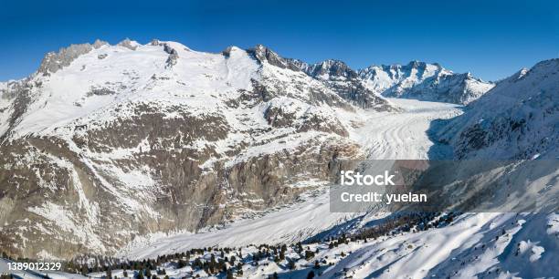 Aerial Panorama Of Great Aletsch Glacier In Alps Stock Photo - Download Image Now - Adventure, Aerial View, Beauty
