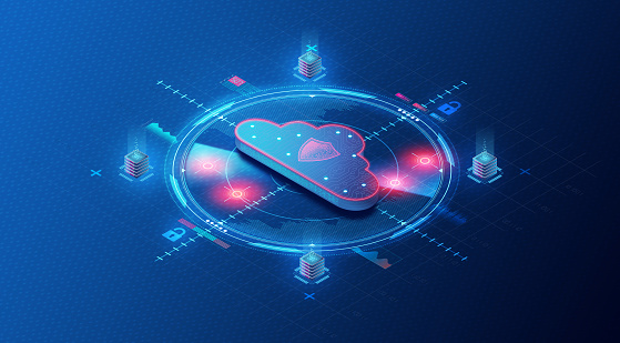 Cloud Computing Security - Vulnerability and Threat Management Solutions - Security Operations and Program Governance - New Threat Intelligence Applications - 3D Illustration