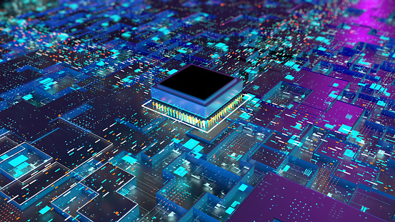 Circuit board with a central computer processors CPU, a working digital motherboard chip with thousands of illuminated connections and a purple and blue background. 3d illustration