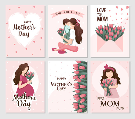 set of vector cards with celebrate on mother's day. Illustrations with pregnant woman, son with mother, girl with tulips and flowers