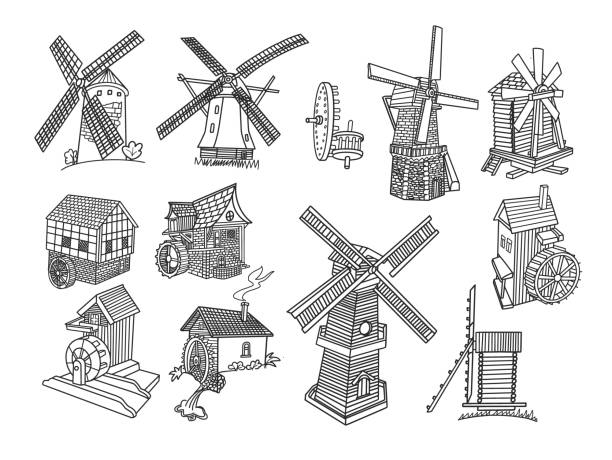 illustrazioni stock, clip art, cartoni animati e icone di tendenza di mills doodle set - water wheel