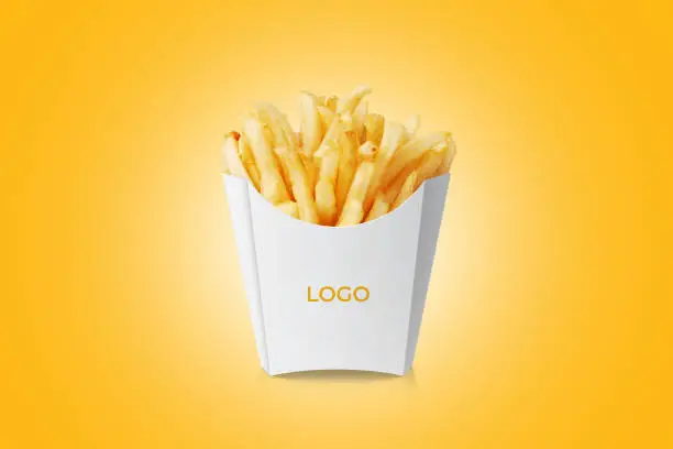 French fries or fried potatoes in a white carton box isolated on yellow background with clipping path and full depth of field 3d rendering illustration.