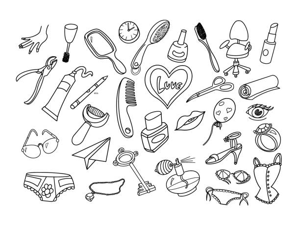 diverse damenartikel doodle set - make up beauty symbol mirror stock-grafiken, -clipart, -cartoons und -symbole