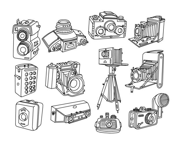 Vintage Photo Cameras Doodle Set. Hand drawn vector illustration.
