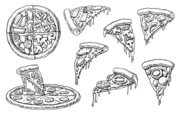illustrazioni stock, clip art, cartoni animati e icone di tendenza di set vettoriale pizza - mozzarella