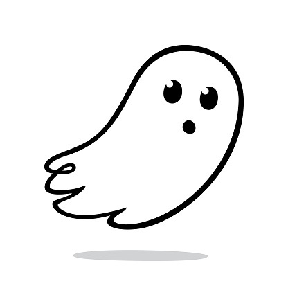 Vector illustration of a hand drawn, black and white cute ghost against a white background.