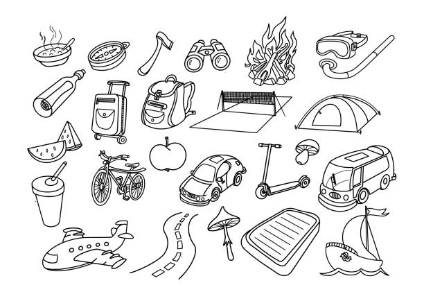 Summer Holidays and Journey Doodles Set Vector holidays and journey doodles set. drawing of mattress stock illustrations