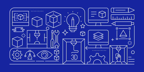 illustrations, cliparts, dessins animés et icônes de concept de conception de bannière vectorielle liée à la technologie d’impression 3d, style de ligne moderne avec icônes - installing computer computer equipment computer icon