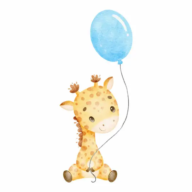 Vector illustration of Watercolor illustration of a cute cartoon giraffe. Cute tropical