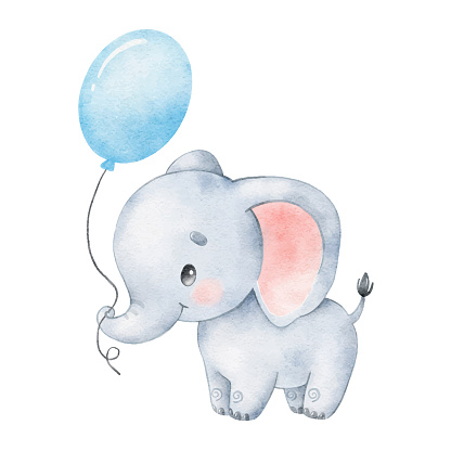 Watercolor illustration of a cute cartoon elephant. Cute tropica