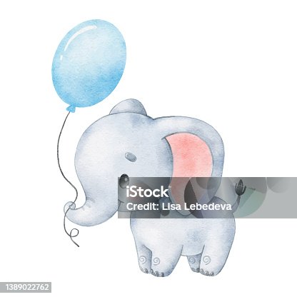 istock Watercolor illustration of a cute cartoon elephant. Cute tropica 1389022762