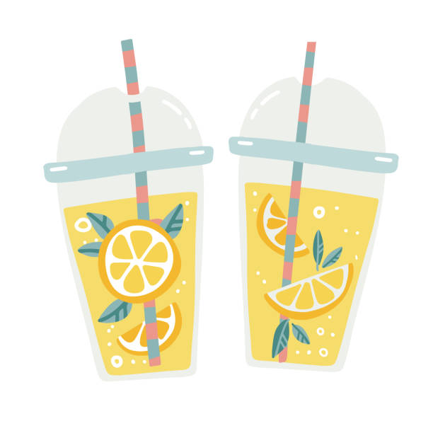 Two Plastic transparent cups for smoothie with striped pipe. Fresh lemonade, orange juice with citrus slices in a plastic cup. Isolated Hand drawn vector flat cartoon style. Two Plastic transparent cups for smoothie with striped pipe. Fresh lemonade, orange juice with citrus slices in a plastic cup. Isolated Hand drawn vector flat cartoon style lemonade stock illustrations