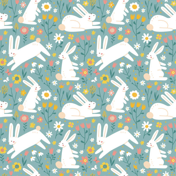 белые кролики в летних цветах и травах бесшовный рисунок. милые персонажи кроликов. детский мультипликационный вектор в простом плоском ри - rabbit pets baby rabbit white background stock illustrations