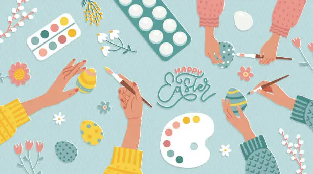 Vector illustration of Happy Easter concept with hands holding and painting traditional eggs. Ad for workshop, handmade gifts, craft master class. Table top view with family preparing for Easter. Flat vector illustration.