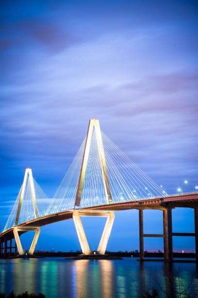 arthur ravenel jr bridge seen at night - charleston south carolina south carolina bridge suspension bridge imagens e fotografias de stock