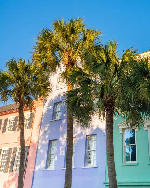 Historic Rainbow Row colorful house and palm trees seen in Charleston South Carolina