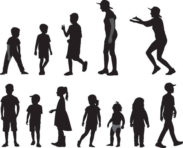 ilustrações de stock, clip art, desenhos animados e ícones de children silhouettes 6 - silhouette running cap hat