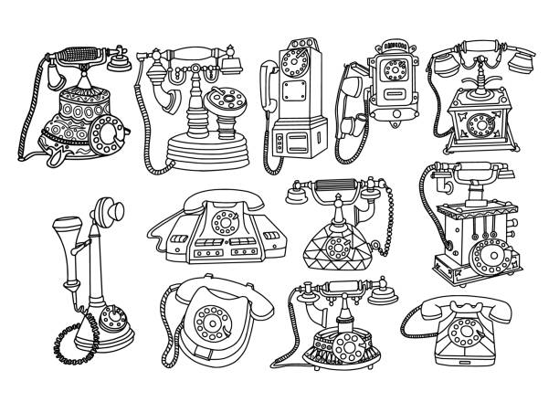 ilustrações, clipart, desenhos animados e ícones de conjunto de doodle telefônico retrô - 1930s style telephone 1940s style old