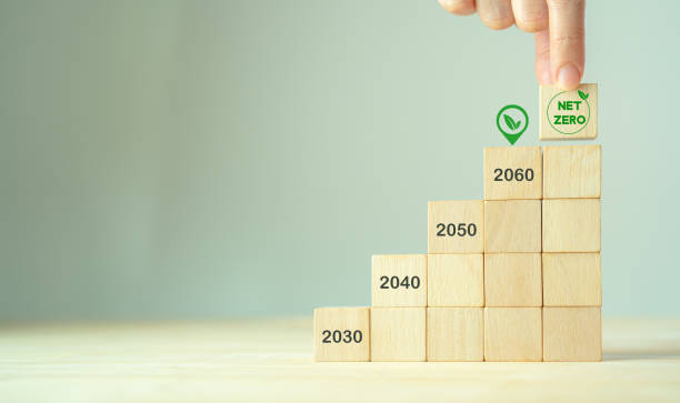 istock Net zero by 2060. Carbon neutral. Sustainalble development. Successful execution of green business. Goal checked in 2060. Go green company culture. Hand puts wooden cube with net zero icon, copy space 1389033491