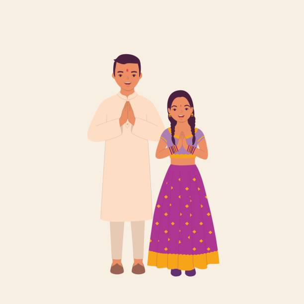 Happy Indian Children Dressed In Beautiful Traditional Clothes Greeting. Deepavali. Diwali. Happy Indian Children Dressed In Beautiful Traditional Clothes Greeting With “Namaste” Pose. Full Length, Isolated On Solid Color Background. Vector, Illustration, Flat Design, Character. Kurta stock illustrations