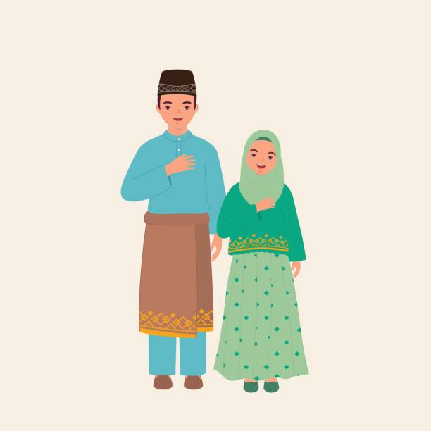 ilustrações, clipart, desenhos animados e ícones de crianças muçulmanas felizes vestidas com belas roupas tradicionais saudação. eid al-fitr. hari raya puasa. - etnia indonésia