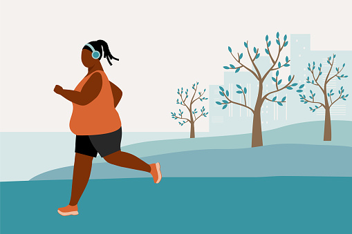 Overweight Black Woman Jogging In The Park.