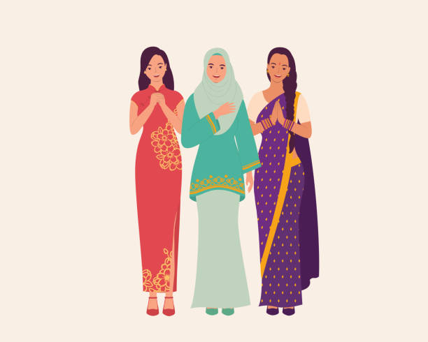 Women With Beautiful Traditional Clothes Greeting. Three Women Dressed In Beautiful Traditional Clothes Greeting. Full Length, Isolated On Solid Color Background. Vector, Illustration, Flat Design, Character. traditional clothing stock illustrations