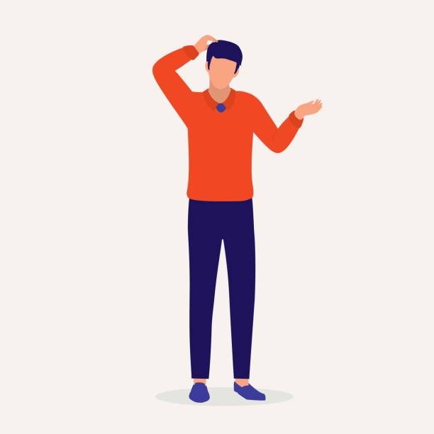 Man With Shrugging Gesture Scratching His Head. I Don’t Know. Front View Of A Young Man With Shrugging Gesture Scratching His Head. Full Length, Isolated On Solid Color Background. Vector, Illustration, Flat Design, Character. confused guy stock illustrations