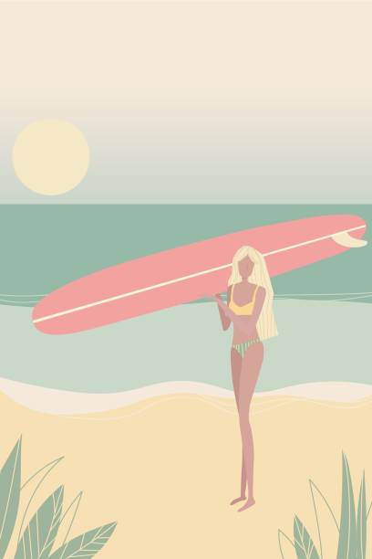 illustrazioni stock, clip art, cartoni animati e icone di tendenza di illustrazione piatta con ragazza surfista che tiene una tavola lunga - beach surfing bikini retro revival