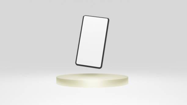 istock modern smartphone with white  screen on gray background with podium gold . 3d illustration rendering  . for business, market , advertising and etc 1389048287