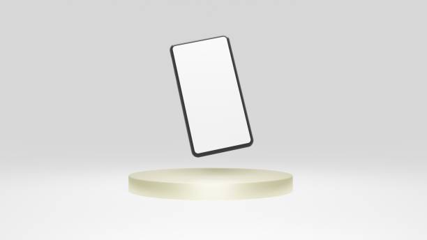 istock modern smartphone with white  screen on gray background with podium gold . 3d illustration rendering  . for business, market , advertising and etc 1389048331