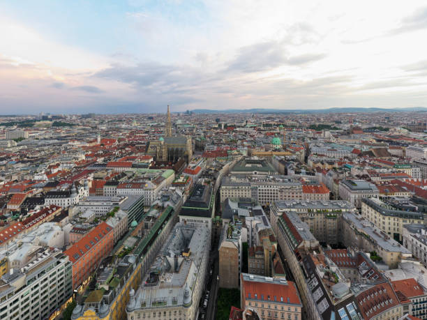 Vienna, Austria - Jul 18, 2021: Aerial rooftop view of streets and buildings in Vienna, Austria.