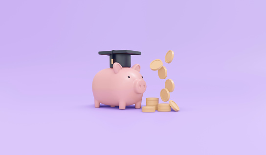 3d rendering of graduation cap icon coins and piggybank concept of saving money for education on background. 3d render illustration cartoon style.