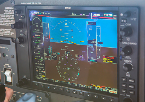 This image is of the Garmin G1000 primrary flight display on the Cessna 172 Skyhawk. This image is of the interior of the Cessna 172 Skyhawk on the ground at Gold Coast International Airport. The Cessna 172 Skyhawk is equipped with 2 15 inch Garmin G1000 screens. The Cessna 172 Skyhawk is an American four-seat, single-engine, high wing, fixed-wing aircraft made by the Cessna Aircraft Company. First flown in 1955, more 172s have been built than any other aircraft. It was developed from the 1948 Cessna 170 but with tricycle landing gear rather than conventional landing gear.