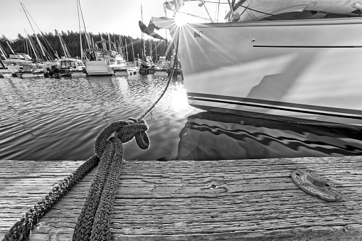 old ship looking out to sea, black and white