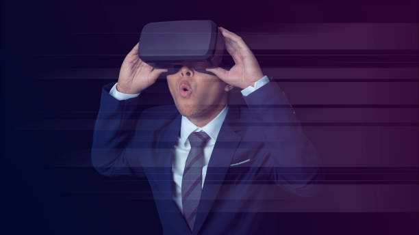 istock Man wearing VR virtual reality Headset virtual Global Internet connection metaverse. 1389061083