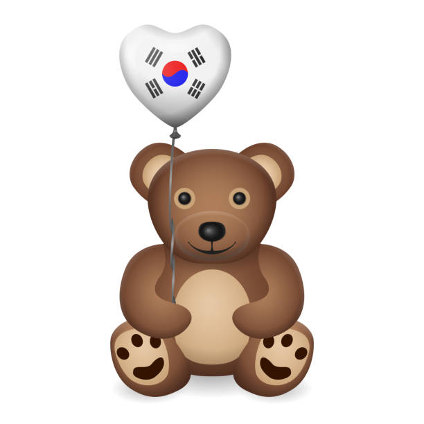Bear with South Korea flag heart balloon Bear with South Korea flag heart balloon on a white background. Vector illustration. korean doll stock illustrations