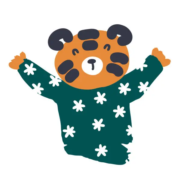 Vector illustration of Hand drawn tiger in a pullover with snowflakes. Perfect for T-shirt, poster, textile, print and greeting card. Vector illustration for decor and design.