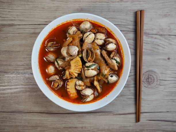 Asian food spicy seafood soup, jjamppong, cockle