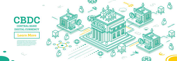 Central Bank Digital Currency or CBDC. Isometric Financial Concept with Scheme of Interaction between Central Bank and Commercial Banks. Central Bank Digital Currency or CBDC. Isometric Financial Concept with Scheme of Interaction between Central Bank and Commercial Banks. Blockchain Technology. Vector Illustration. government building infographic stock illustrations