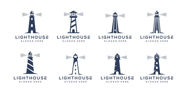 ilustraciones, imágenes clip art, dibujos animados e iconos de stock de conjunto de diseño vectorial del logotipo de lighthouse - faro estructura de edificio