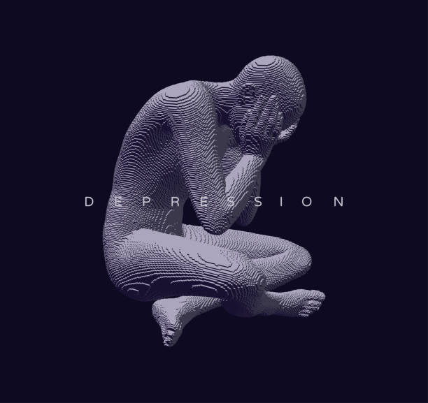 istock Miserable depressed man sitting and thinking. Guy holding head with hands. 3D model of man. Voxel art. Vector illustration. 1389069935